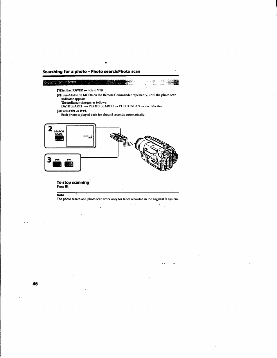 Searching for a photo - photo search/photo scan, To stop scanning | Sony DCR-TR7000 User Manual | Page 46 / 84