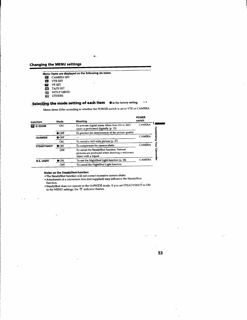 Changing the menu settings, Sele^lpg ithe mofie setting of each item | Sony DCR-TR7000 User Manual | Page 53 / 84