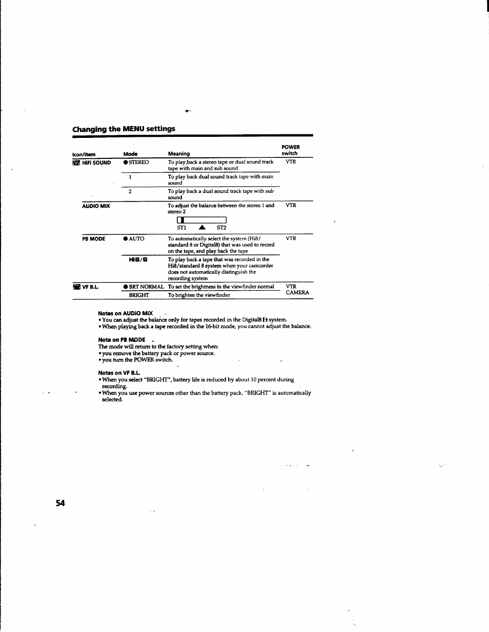 Changing the menu settings | Sony DCR-TR7000 User Manual | Page 54 / 84