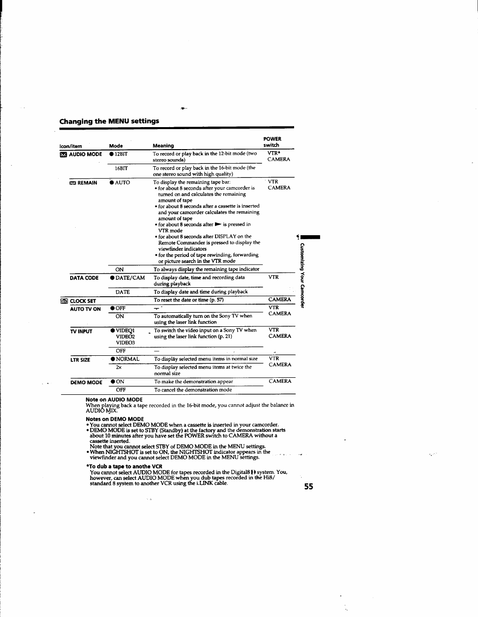 Changing the menu settings | Sony DCR-TR7000 User Manual | Page 55 / 84