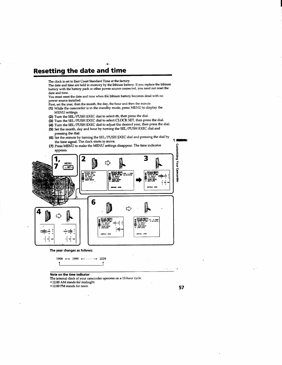 Resetting the date and time | Sony DCR-TR7000 User Manual | Page 57 / 84