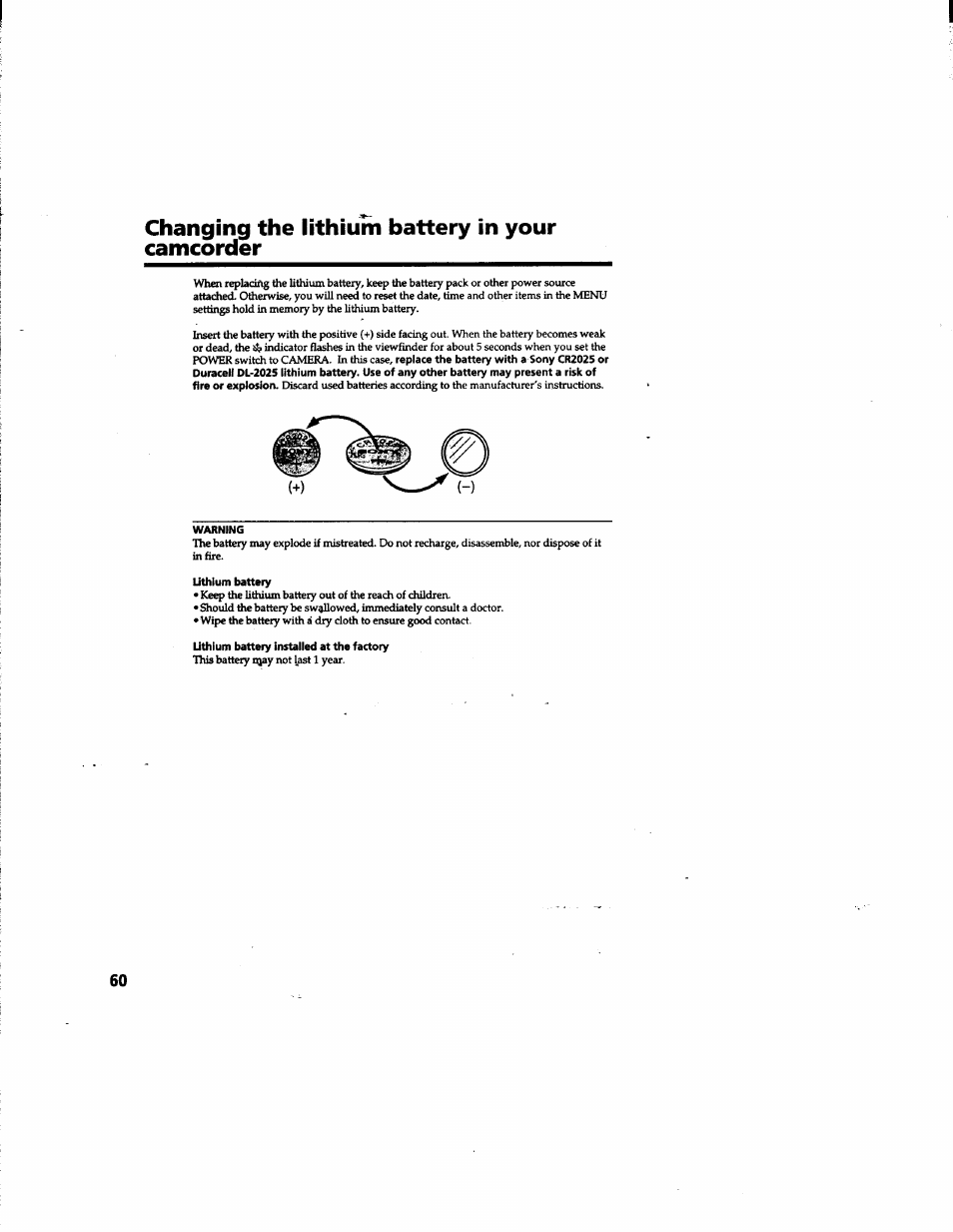 Changing the lithium battery in your camcorder | Sony DCR-TR7000 User Manual | Page 60 / 84