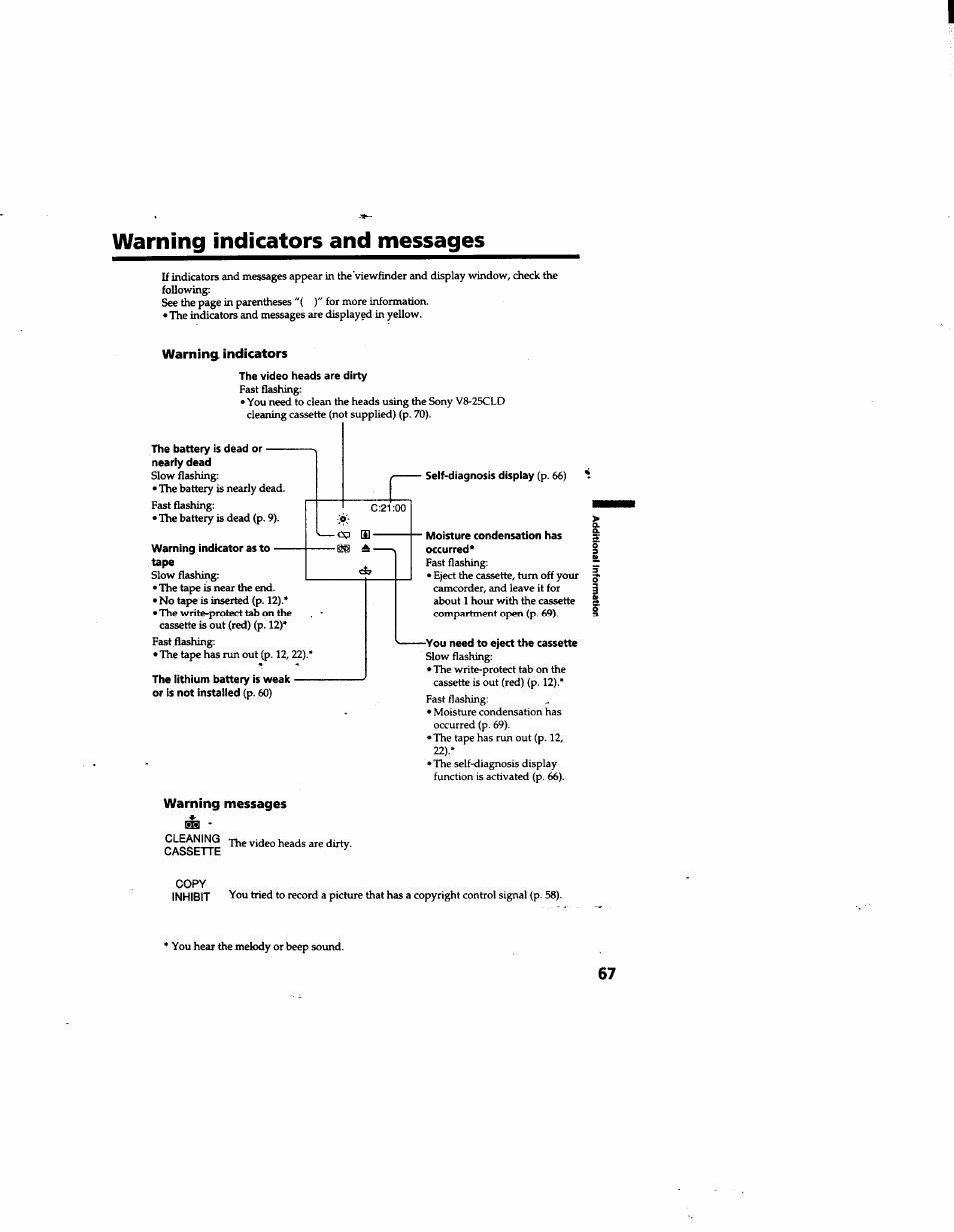 Warning indicators and messages, Warning, indicators, Warning messages | Warning indicators and messages.67 | Sony DCR-TR7000 User Manual | Page 67 / 84