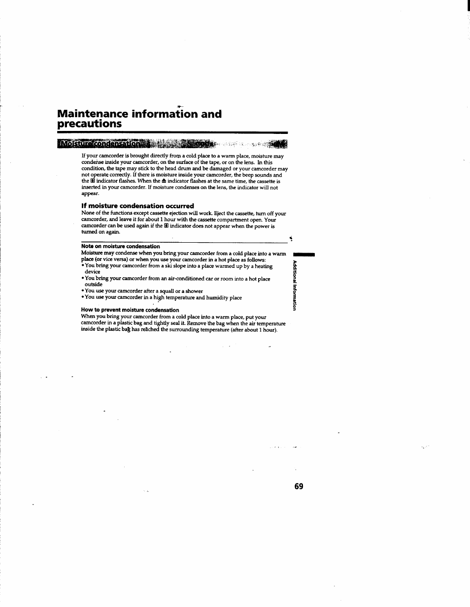 Maintenance information and precautions, If moisture condensation occurred | Sony DCR-TR7000 User Manual | Page 69 / 84