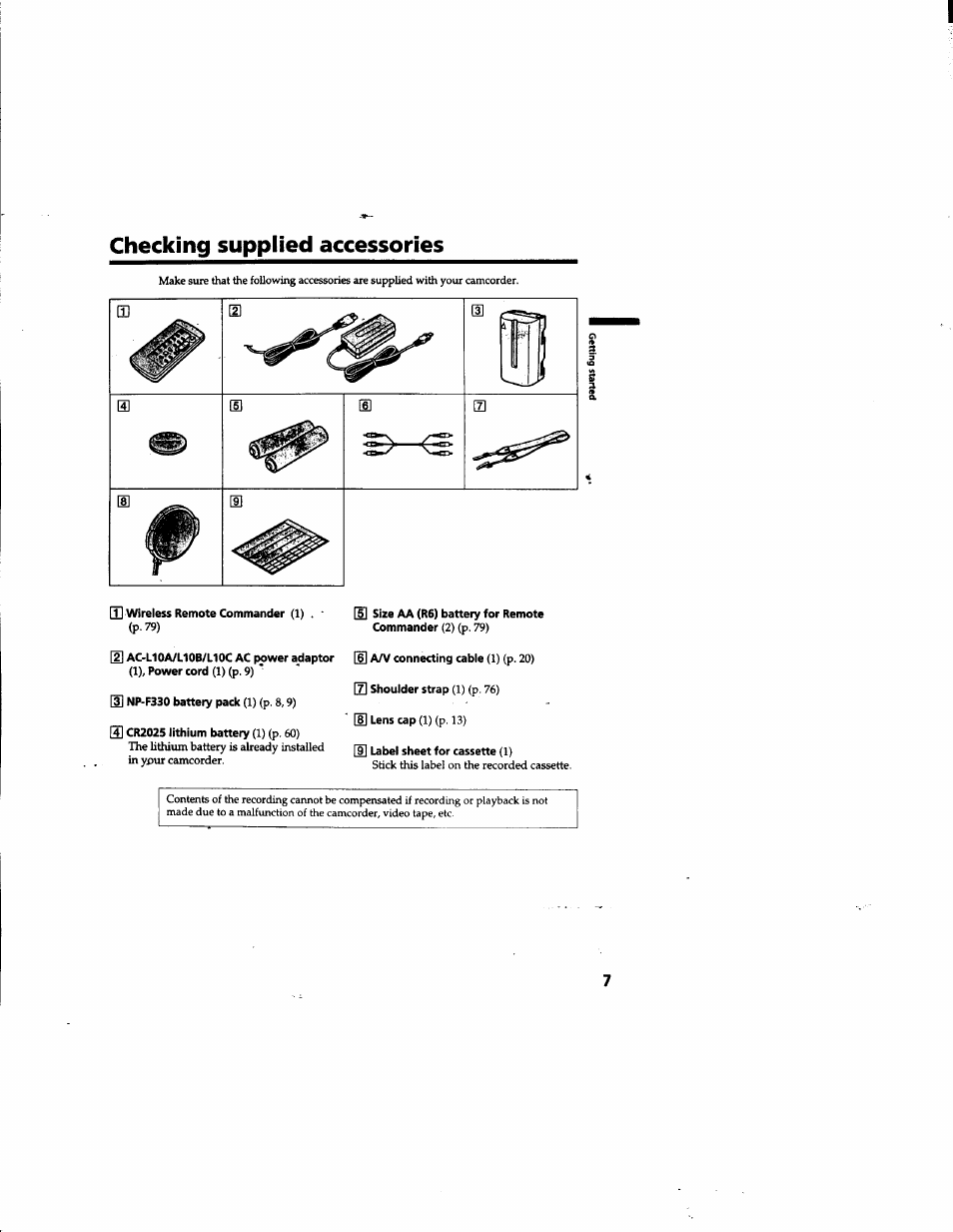 Checking supplied accessories | Sony DCR-TR7000 User Manual | Page 7 / 84