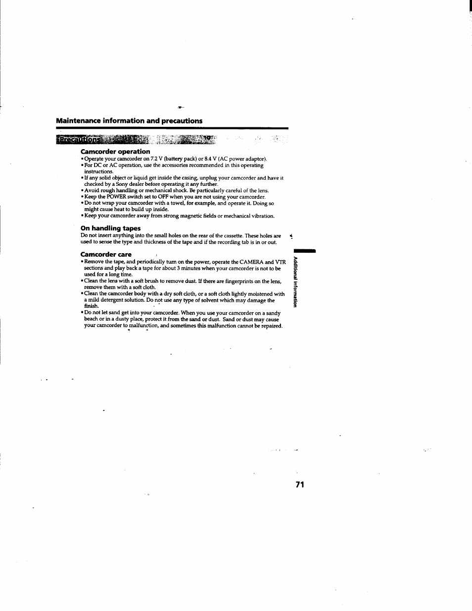 Camcorder operation, On handling tapes, Camcorder care | Sony DCR-TR7000 User Manual | Page 71 / 84