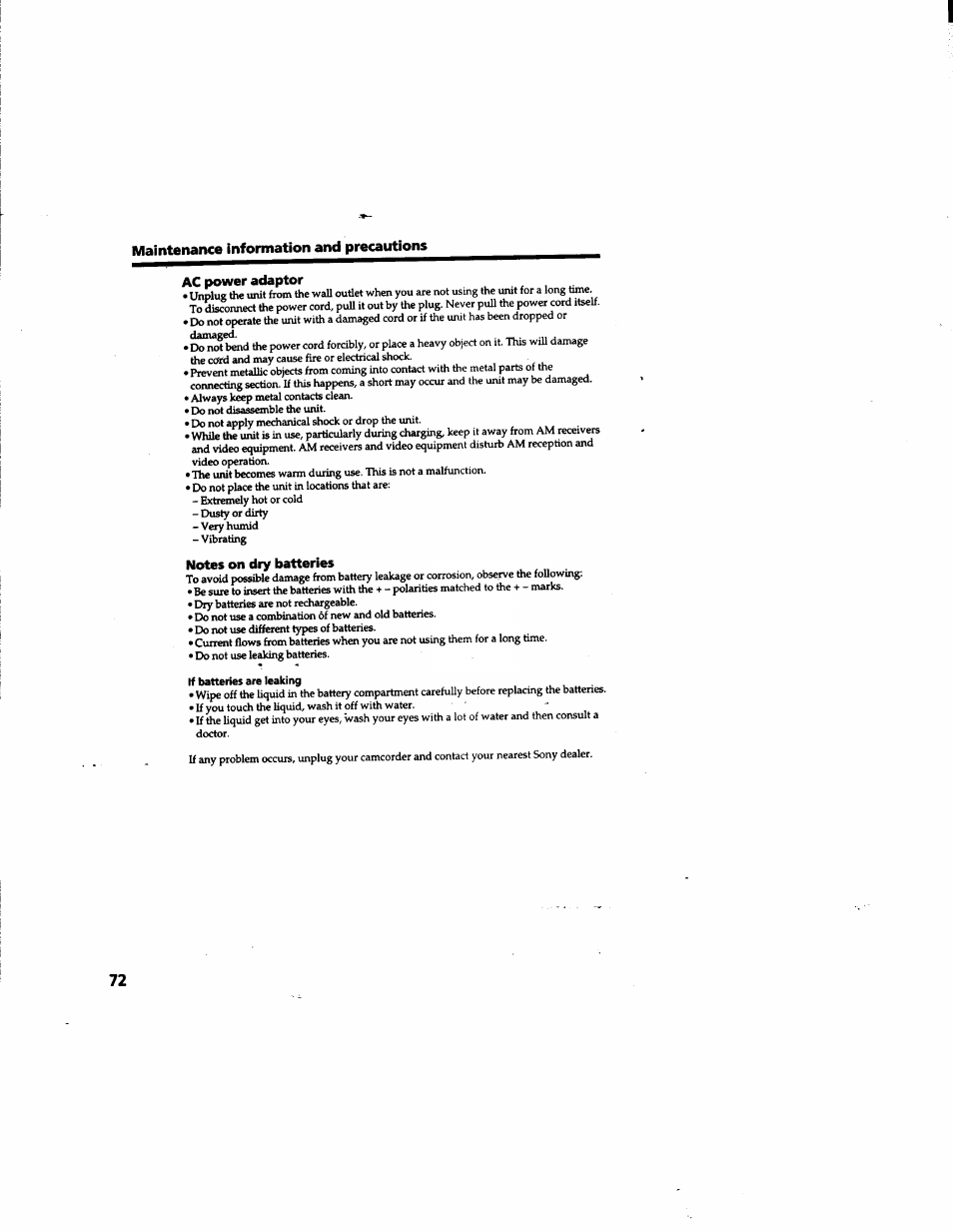 Ac power adaptor, Notes on dry batteries | Sony DCR-TR7000 User Manual | Page 72 / 84