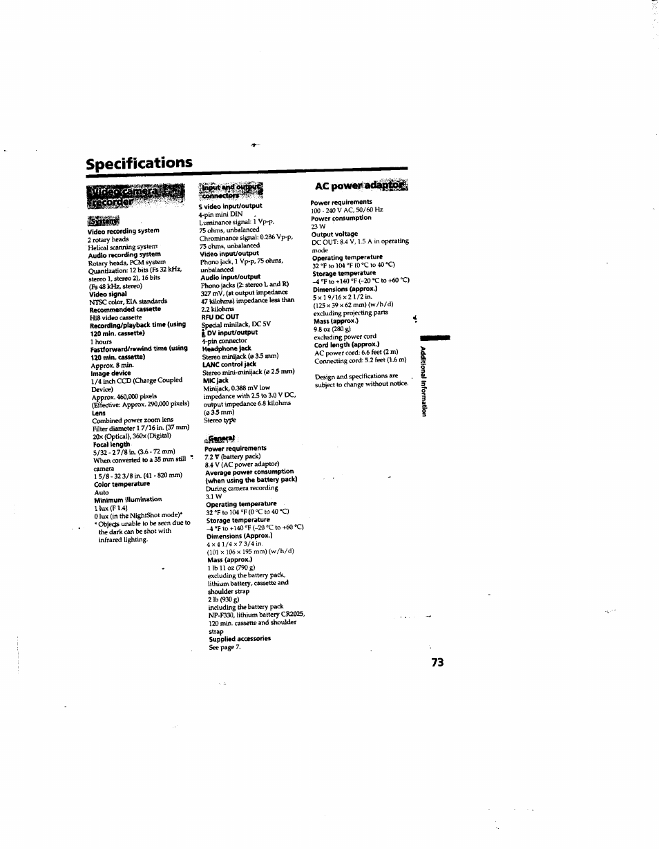 Specifications, Acpowe, Power zoom | Cord | Sony DCR-TR7000 User Manual | Page 73 / 84