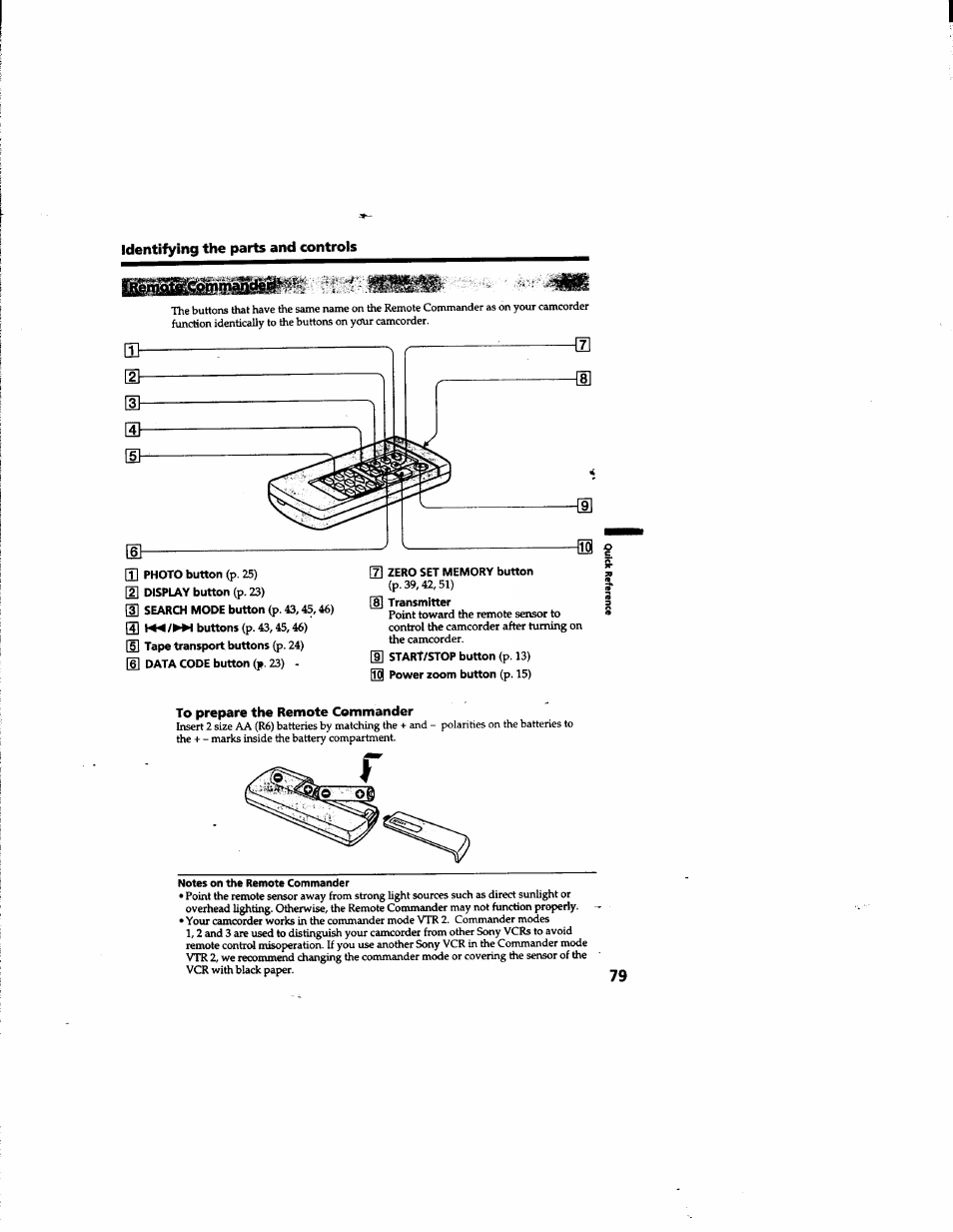 To prepare the remote commander | Sony DCR-TR7000 User Manual | Page 79 / 84