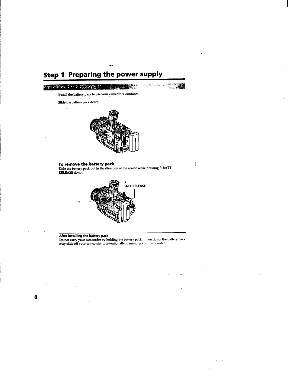 Step 1 preparing the power supply, To remove the battery pack | Sony DCR-TR7000 User Manual | Page 8 / 84