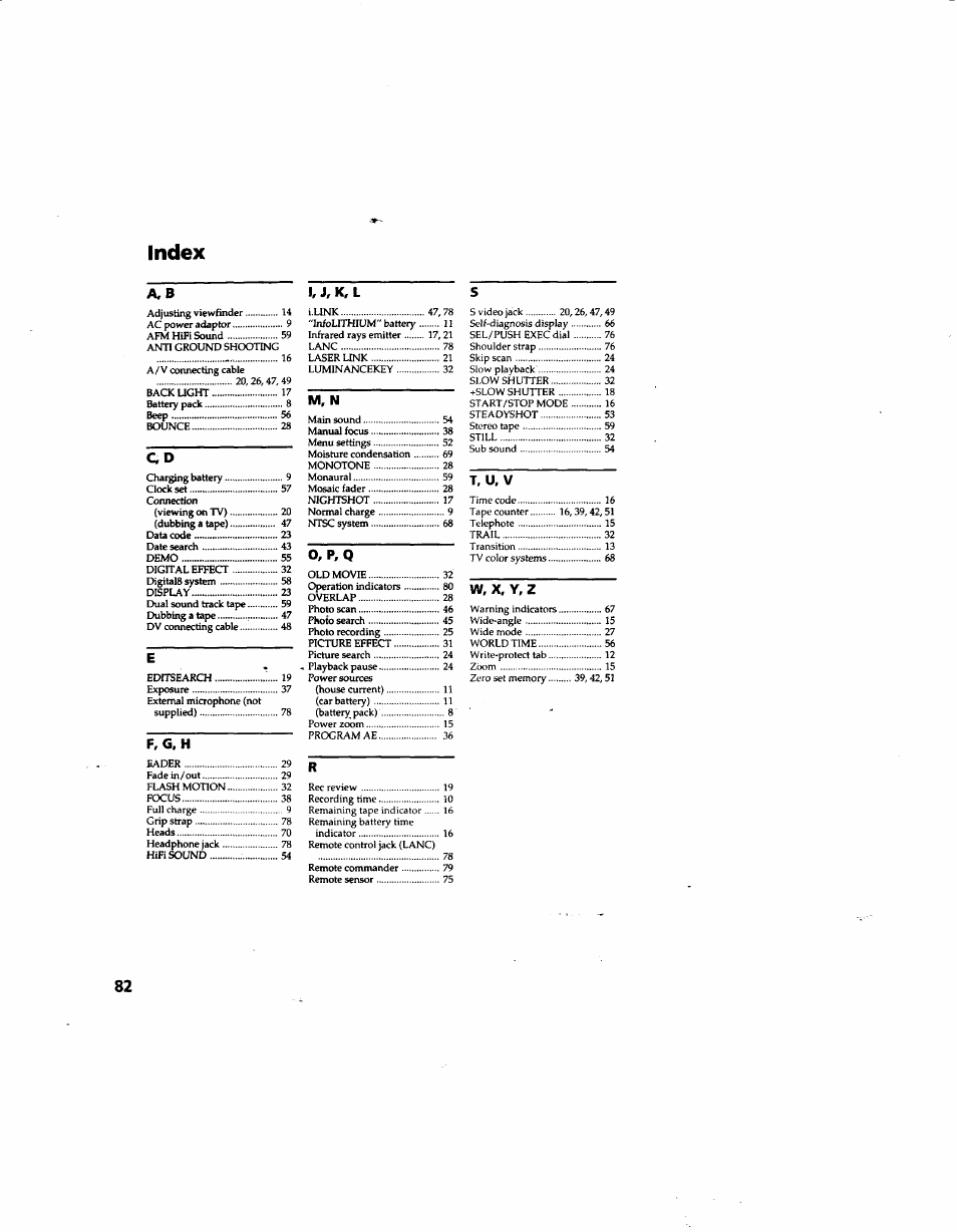 Index, T, u. v | Sony DCR-TR7000 User Manual | Page 82 / 84