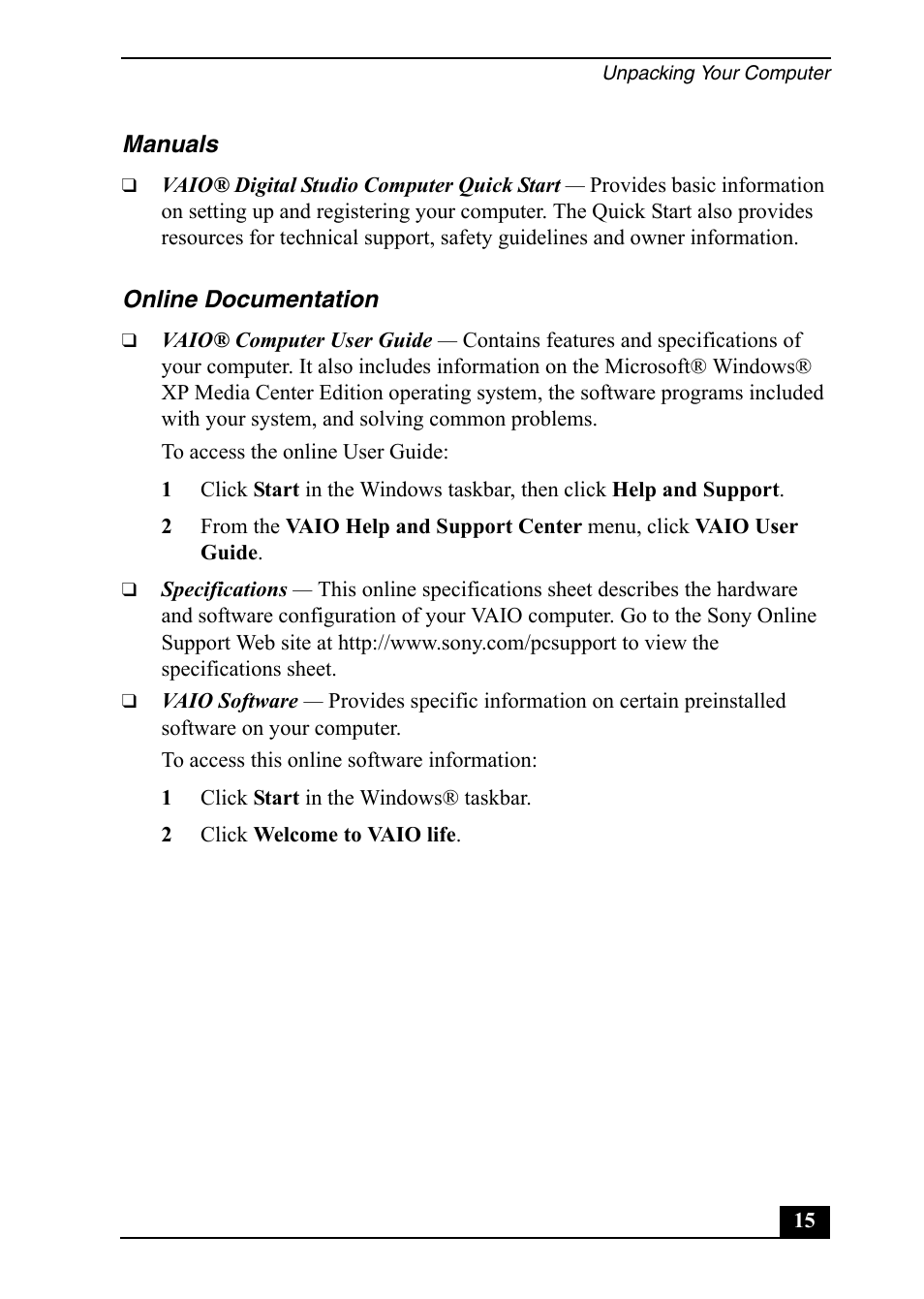 Sony VGC-RA910G User Manual | Page 15 / 80