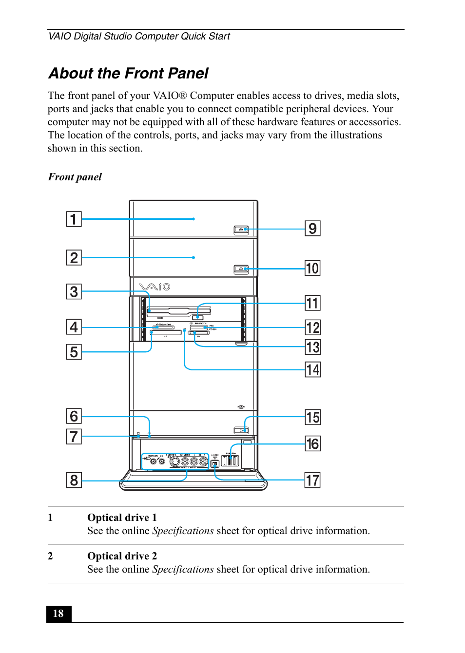 About the front panel | Sony VGC-RA910G User Manual | Page 18 / 80