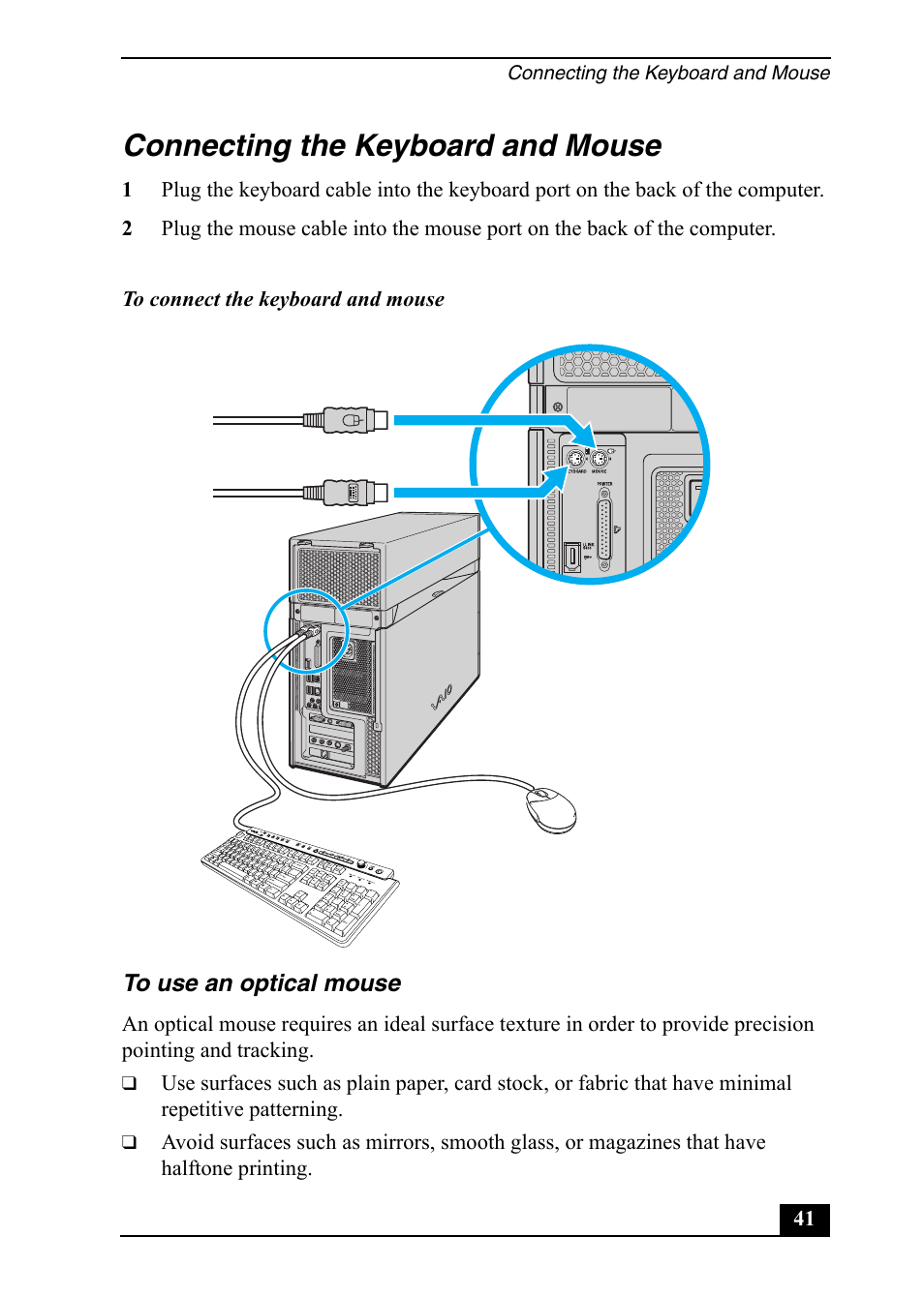 Connecting the keyboard and mouse | Sony VGC-RA910G User Manual | Page 41 / 80