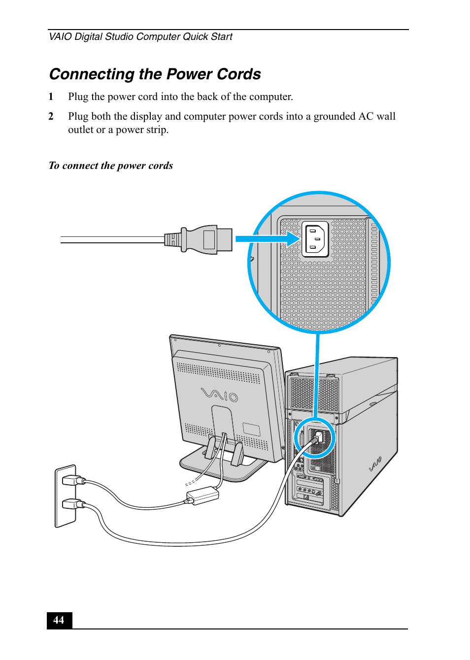 Connecting the power cords | Sony VGC-RA910G User Manual | Page 44 / 80