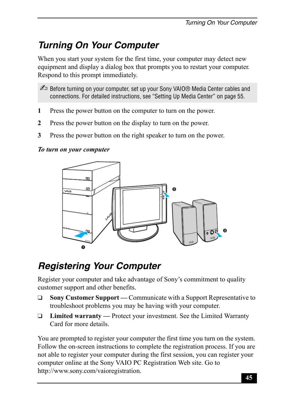 Turning on your computer, Registering your computer | Sony VGC-RA910G User Manual | Page 45 / 80