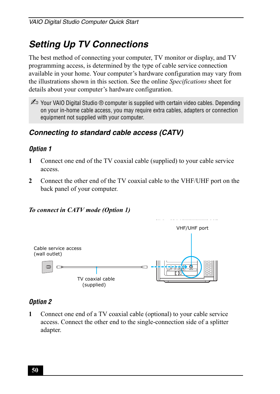 Setting up tv connections, Connecting to standard cable access (catv) | Sony VGC-RA910G User Manual | Page 50 / 80