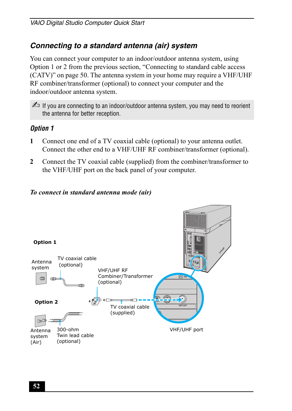 Connecting to a standard antenna (air) system | Sony VGC-RA910G User Manual | Page 52 / 80