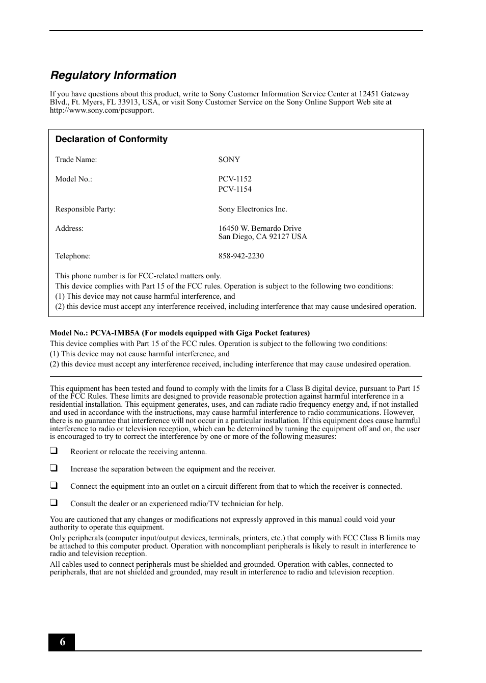 6regulatory information | Sony VGC-RA910G User Manual | Page 6 / 80