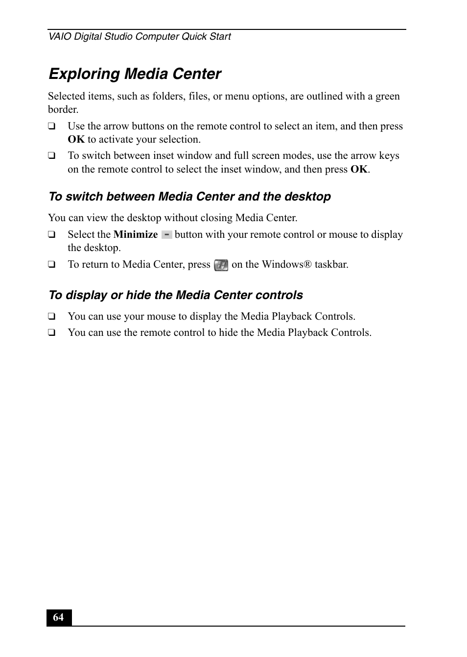 Exploring media center | Sony VGC-RA910G User Manual | Page 64 / 80