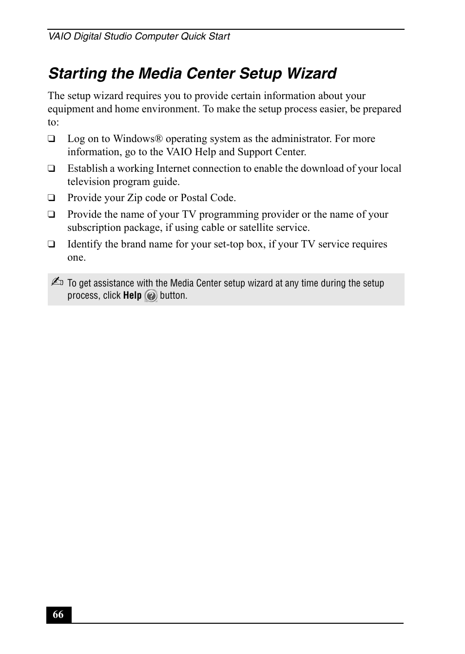 Starting the media center setup wizard | Sony VGC-RA910G User Manual | Page 66 / 80