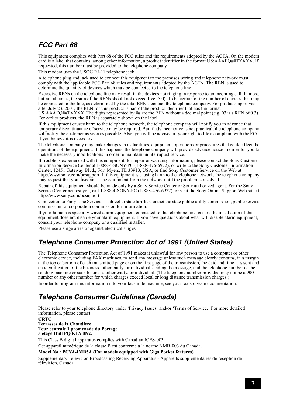 7fcc part 68, Telephone consumer guidelines (canada) | Sony VGC-RA910G User Manual | Page 7 / 80