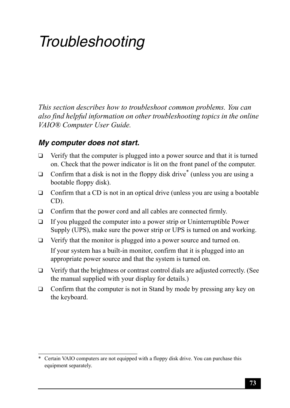 Troubleshooting | Sony VGC-RA910G User Manual | Page 73 / 80