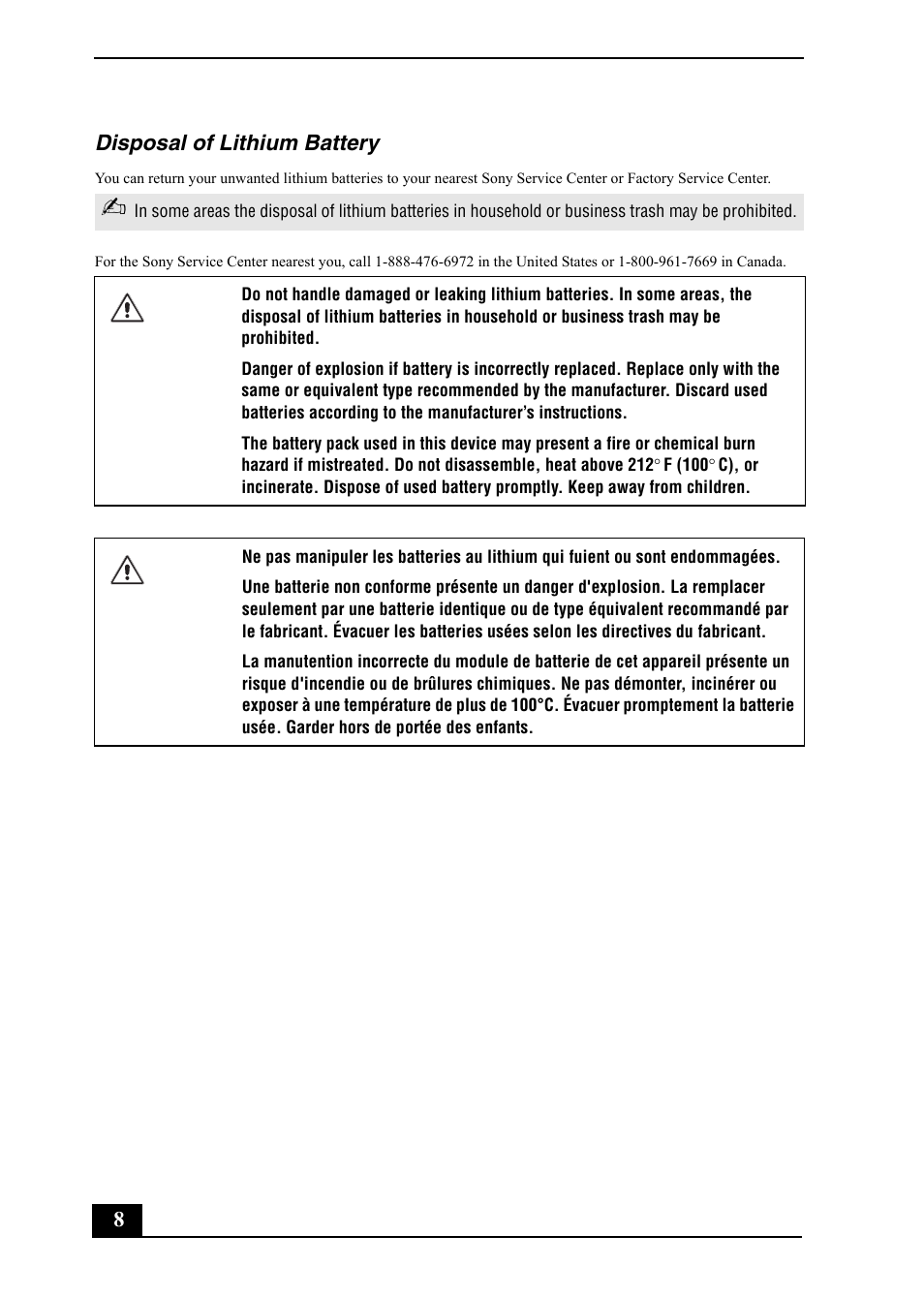 8disposal of lithium battery | Sony VGC-RA910G User Manual | Page 8 / 80