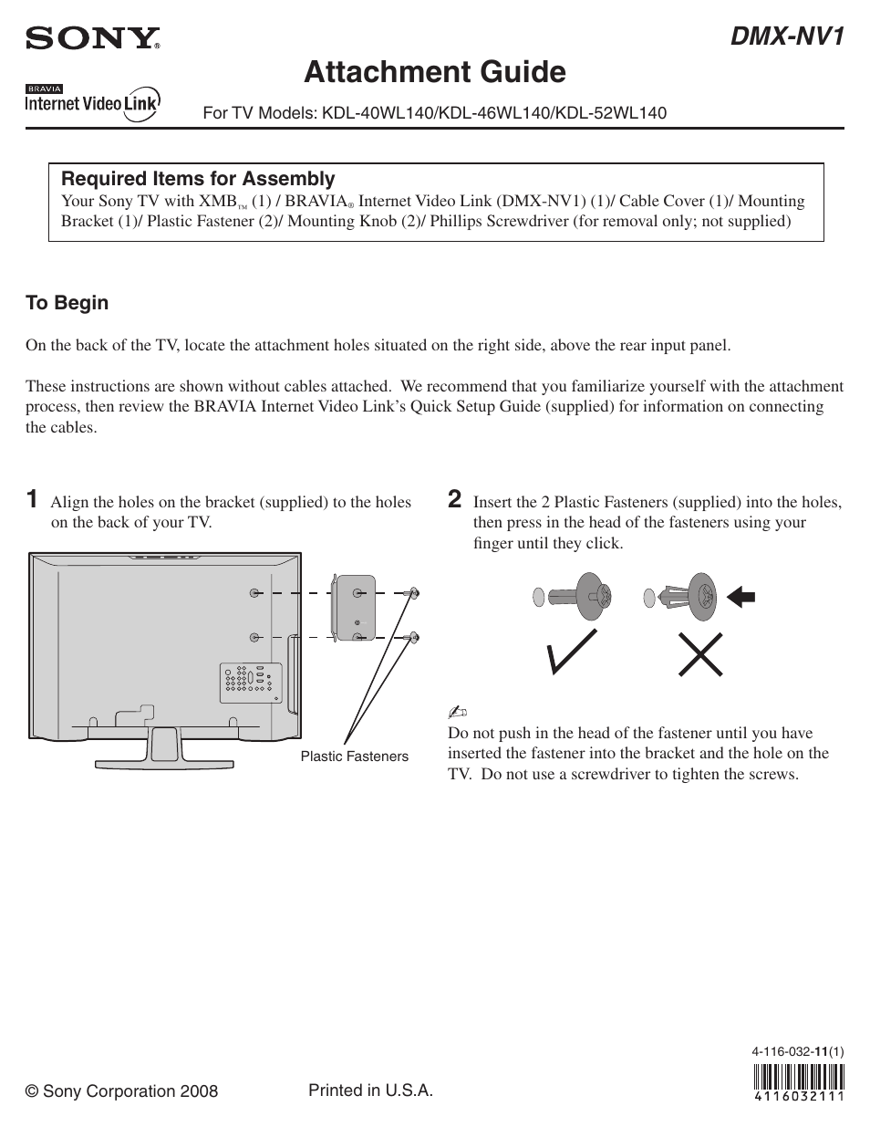 Sony KDL-52WL140 User Manual | 2 pages