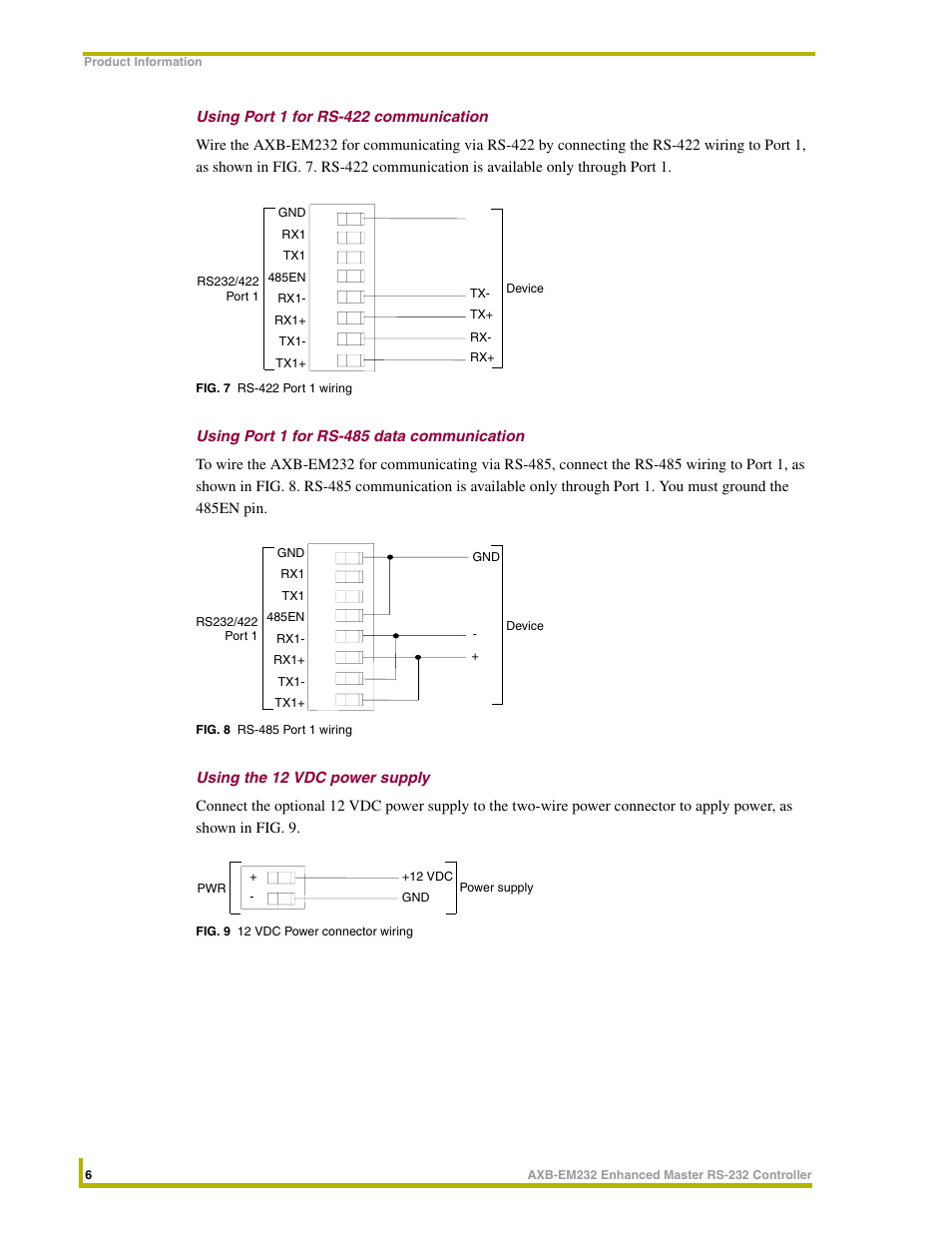 Using port 1 for rs-422 communication, Using port 1 for rs-485 data communication, Using the 12 vdc power supply | AMX Enhanced Master RS-232 Controller AXB-EM232 User Manual | Page 10 / 16