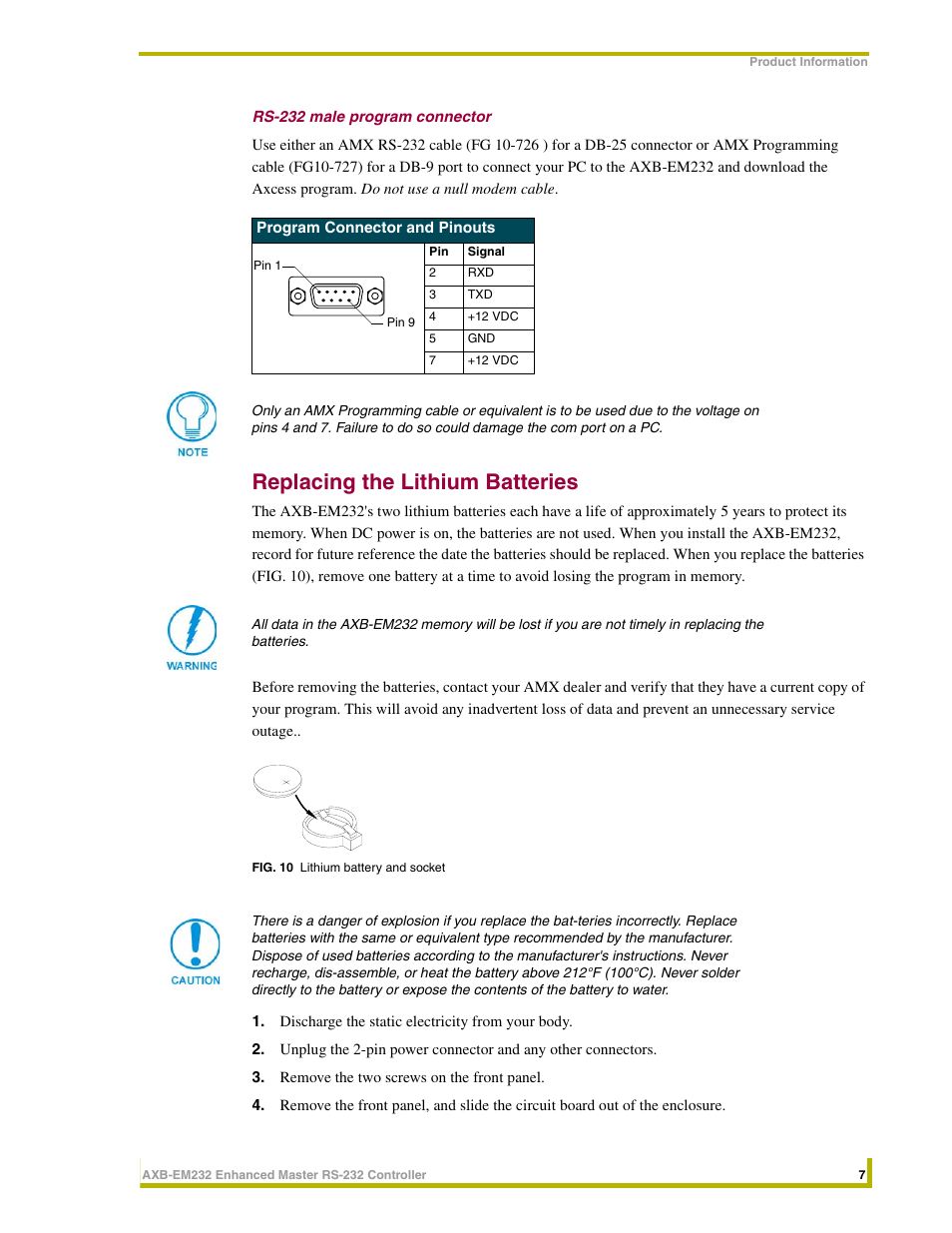 Rs-232 male program connector, Replacing the lithium batteries | AMX Enhanced Master RS-232 Controller AXB-EM232 User Manual | Page 11 / 16