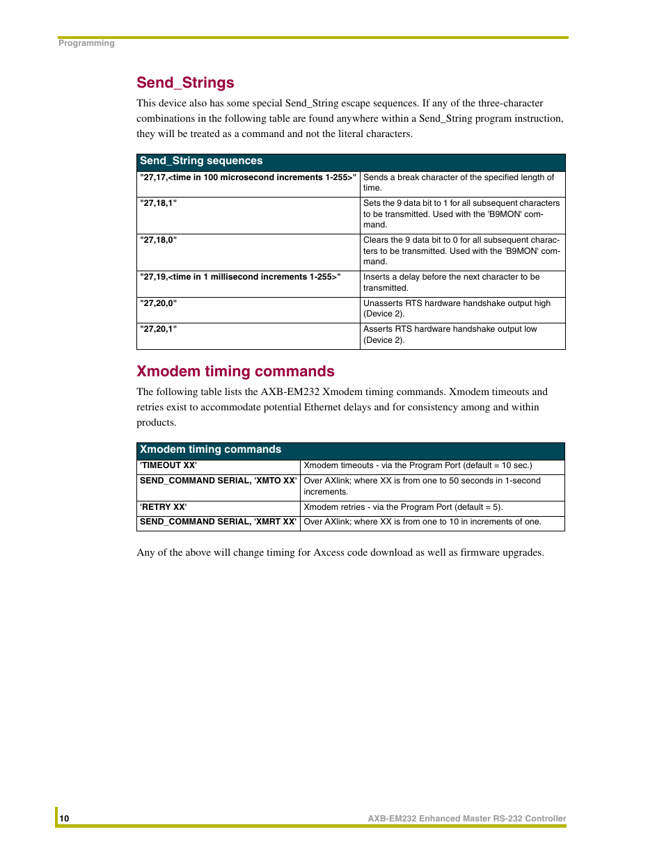 Send_strings, Xmodem timing commands | AMX Enhanced Master RS-232 Controller AXB-EM232 User Manual | Page 14 / 16