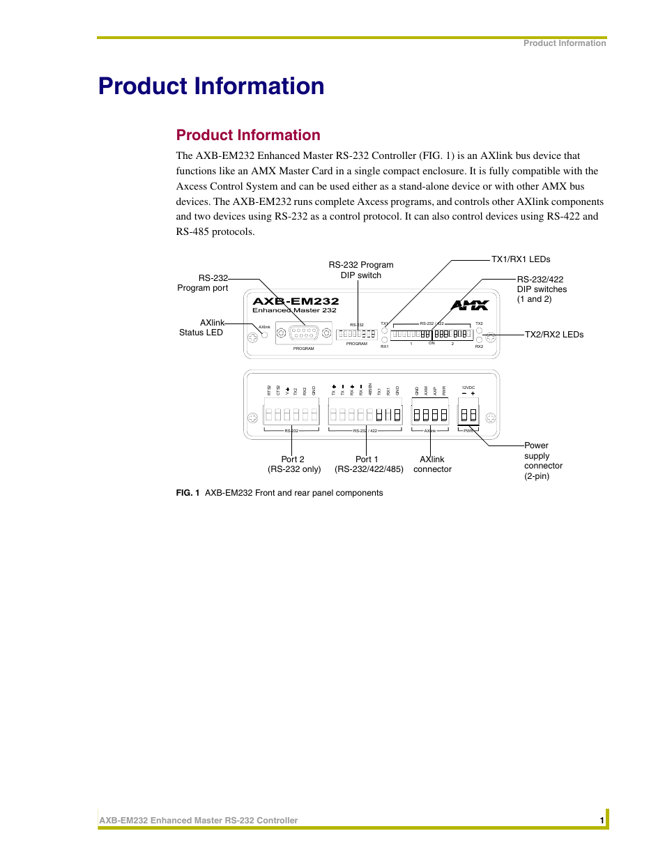 Product information, Fig. 1 axb-em232 front and rear panel components | AMX Enhanced Master RS-232 Controller AXB-EM232 User Manual | Page 5 / 16