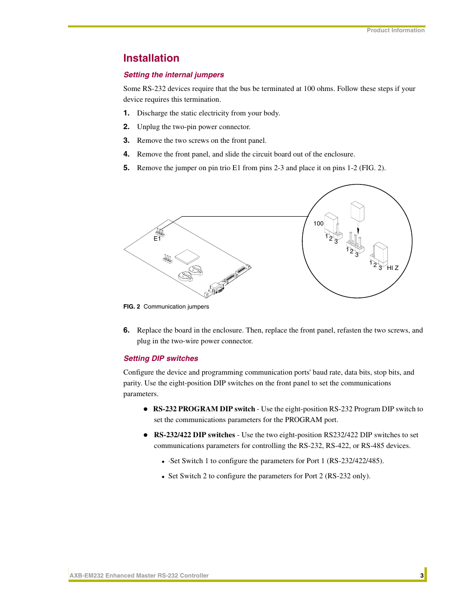 Installation, Setting the internal jumpers, Setting dip switches | AMX Enhanced Master RS-232 Controller AXB-EM232 User Manual | Page 7 / 16