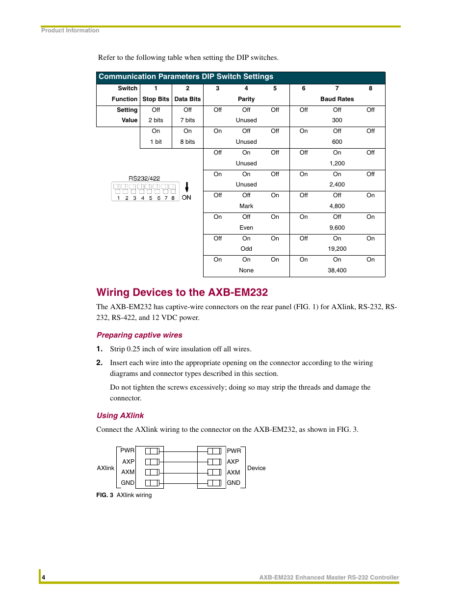 Wiring devices to the axb-em232, Preparing captive wires, Using axlink | AMX Enhanced Master RS-232 Controller AXB-EM232 User Manual | Page 8 / 16