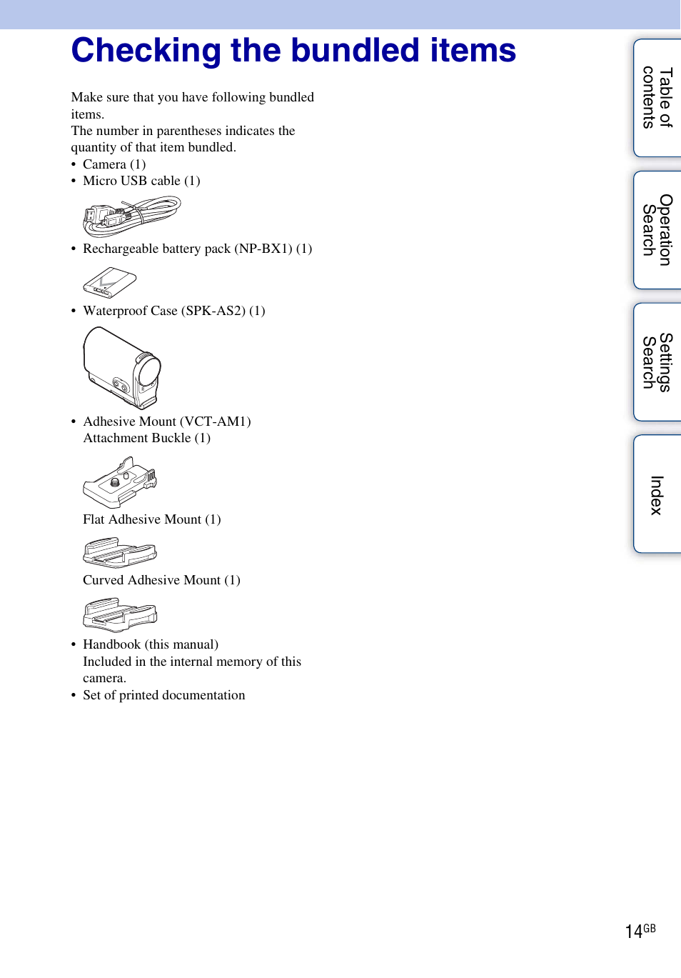 Checking the bundled items | Sony HDR-AS30V User Manual | Page 14 / 73