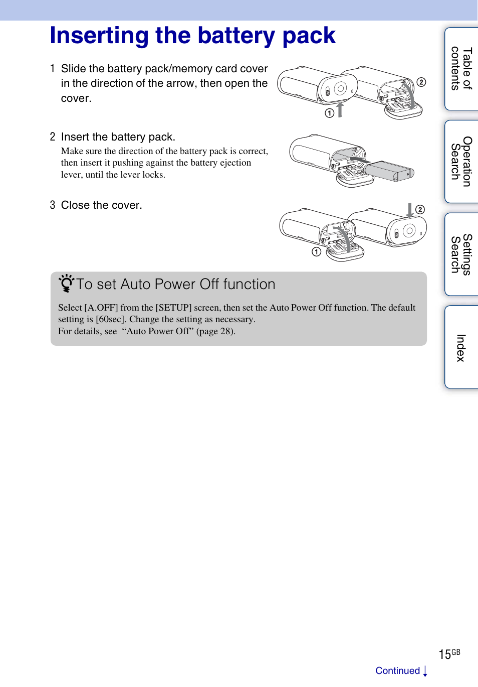 Inserting the battery pack | Sony HDR-AS30V User Manual | Page 15 / 73