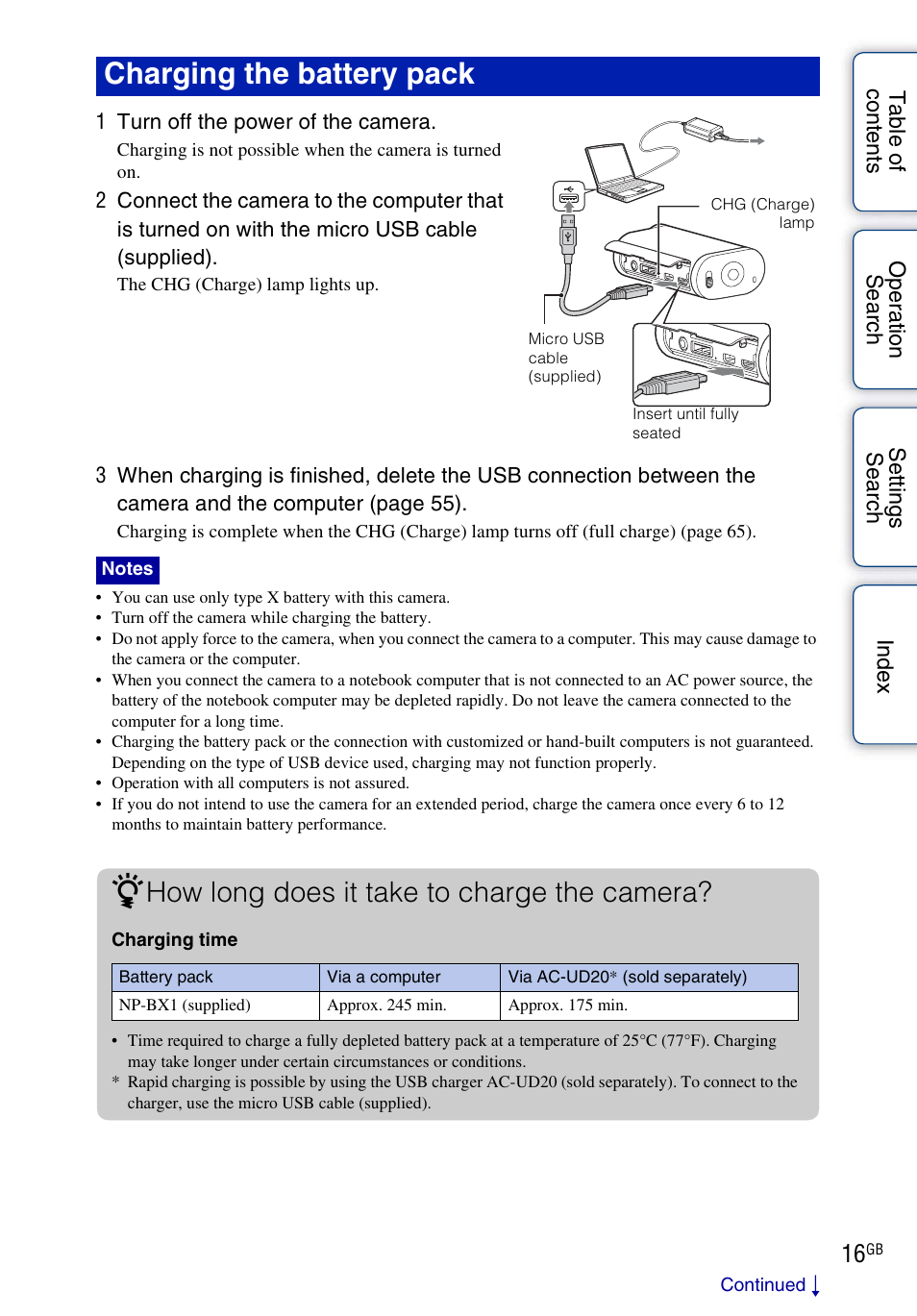 Charging the battery pack, How long does it take to charge the camera | Sony HDR-AS30V User Manual | Page 16 / 73