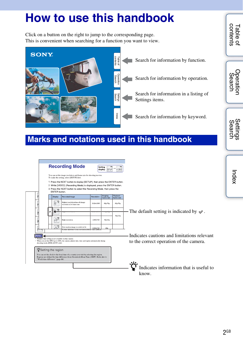 How to use this handbook, Marks and notations used in this handbook | Sony HDR-AS30V User Manual | Page 2 / 73