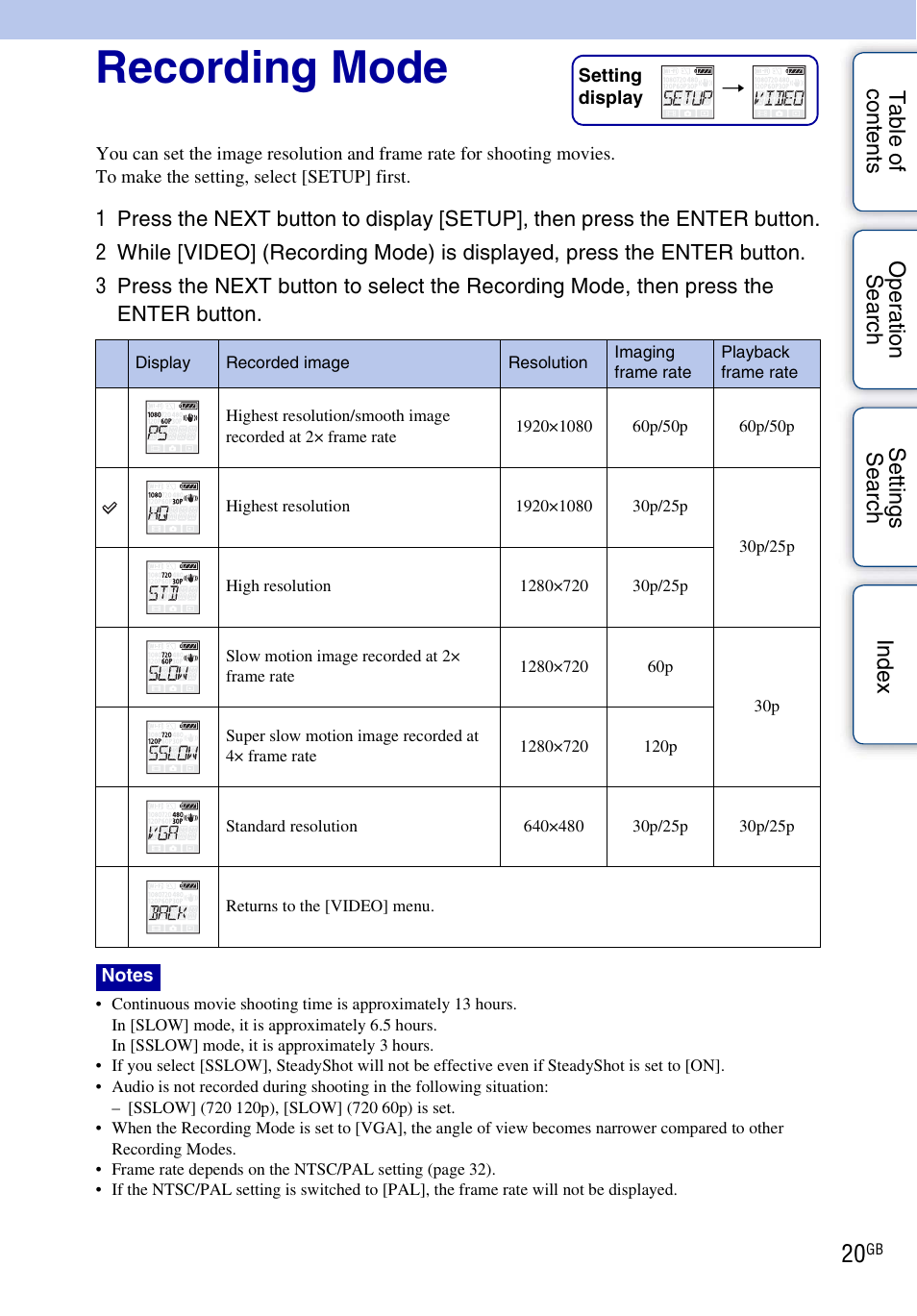 Recording mode | Sony HDR-AS30V User Manual | Page 20 / 73