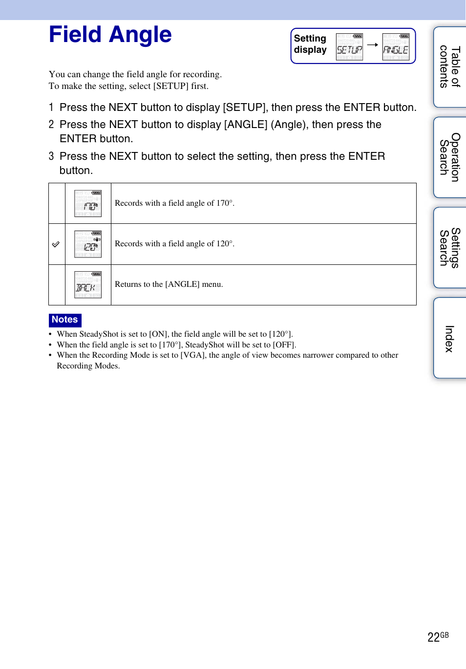 Field angle | Sony HDR-AS30V User Manual | Page 22 / 73