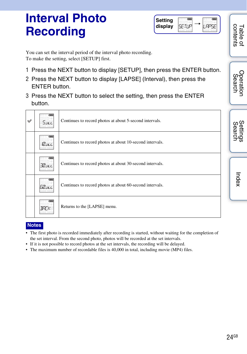 Interval photo recording | Sony HDR-AS30V User Manual | Page 24 / 73