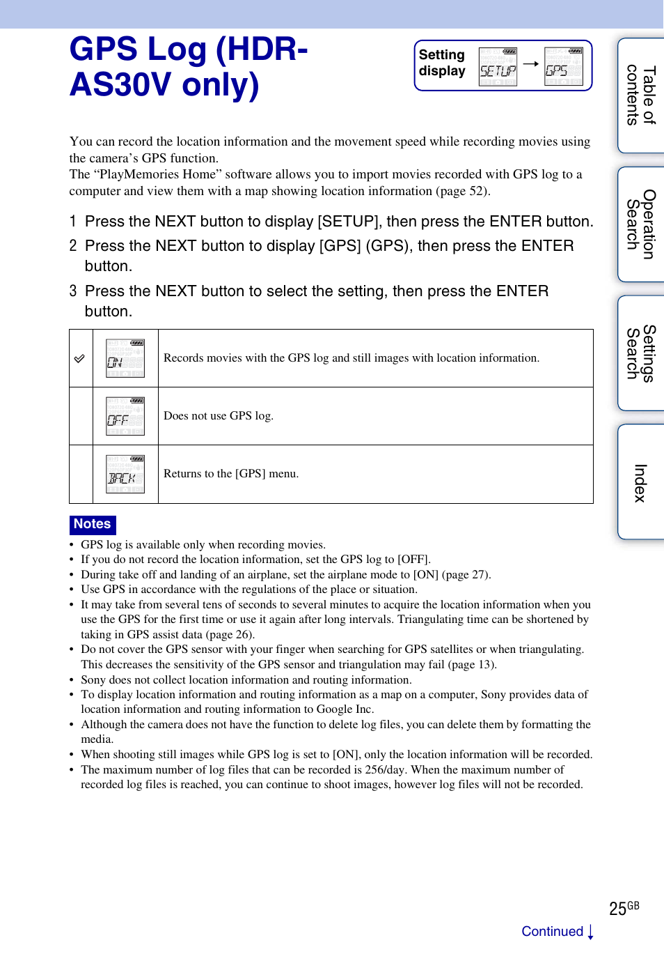 Gps log (hdr-as30v only), Gps log (hdr- as30v only) | Sony HDR-AS30V User Manual | Page 25 / 73