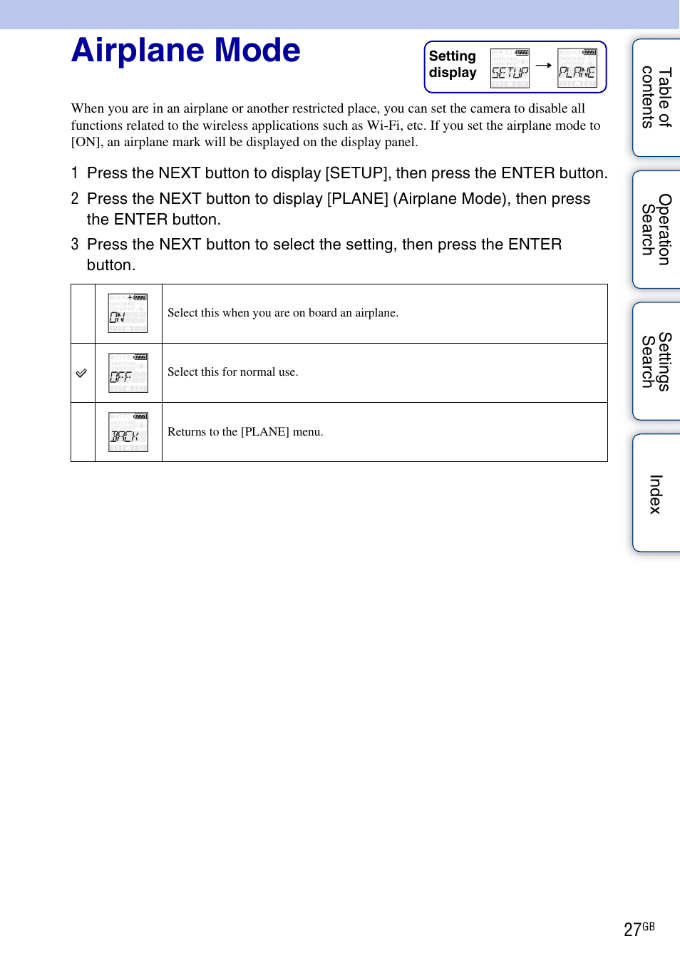 Airplane mode | Sony HDR-AS30V User Manual | Page 27 / 73