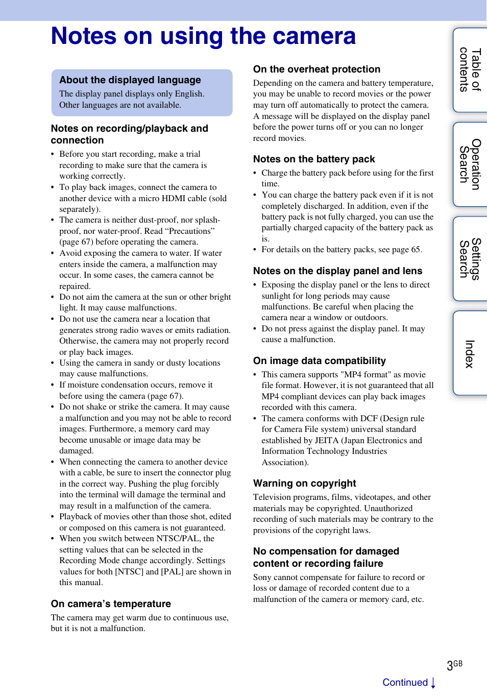 Notes on using the camera | Sony HDR-AS30V User Manual | Page 3 / 73