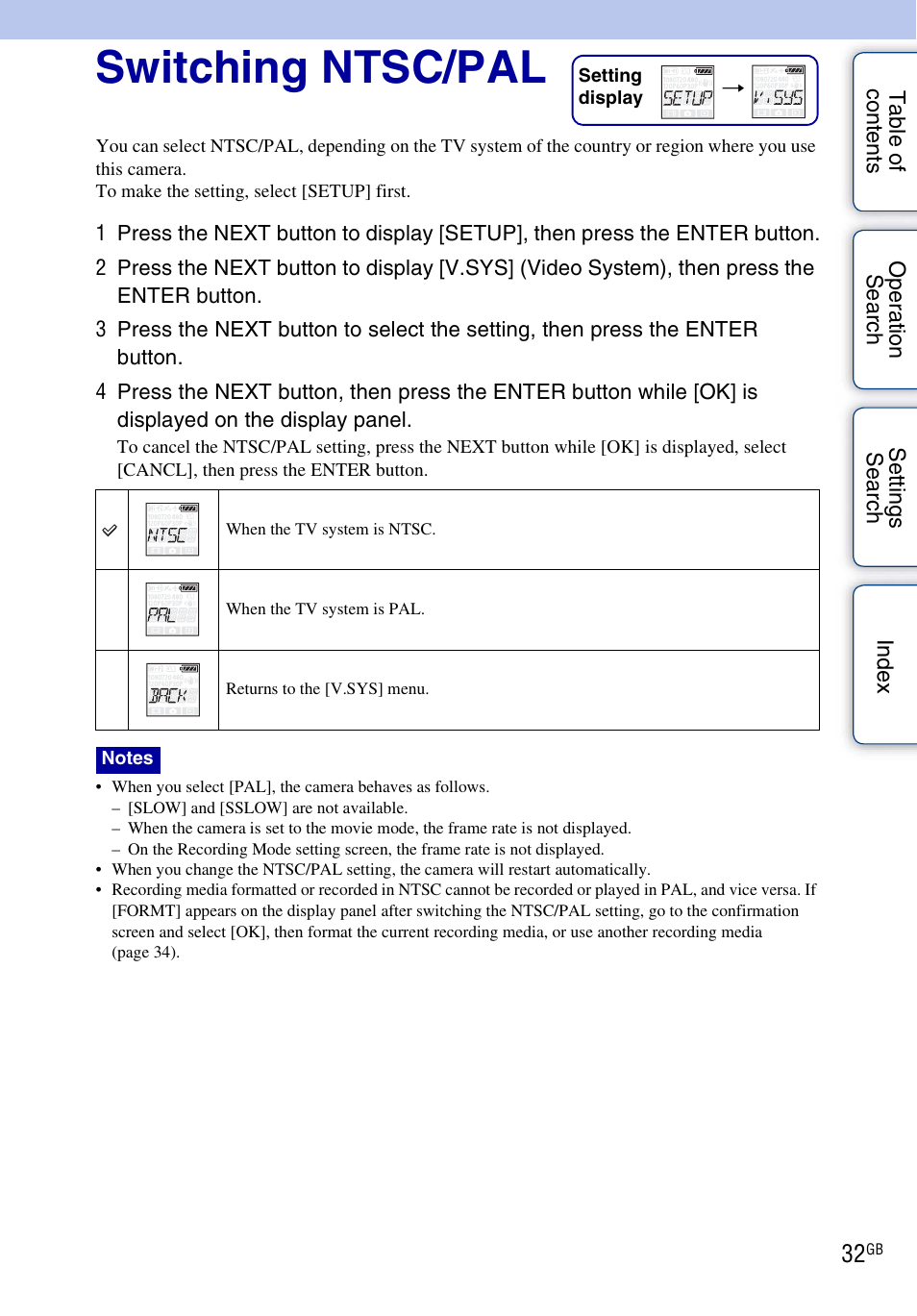 Switching ntsc/pal | Sony HDR-AS30V User Manual | Page 32 / 73