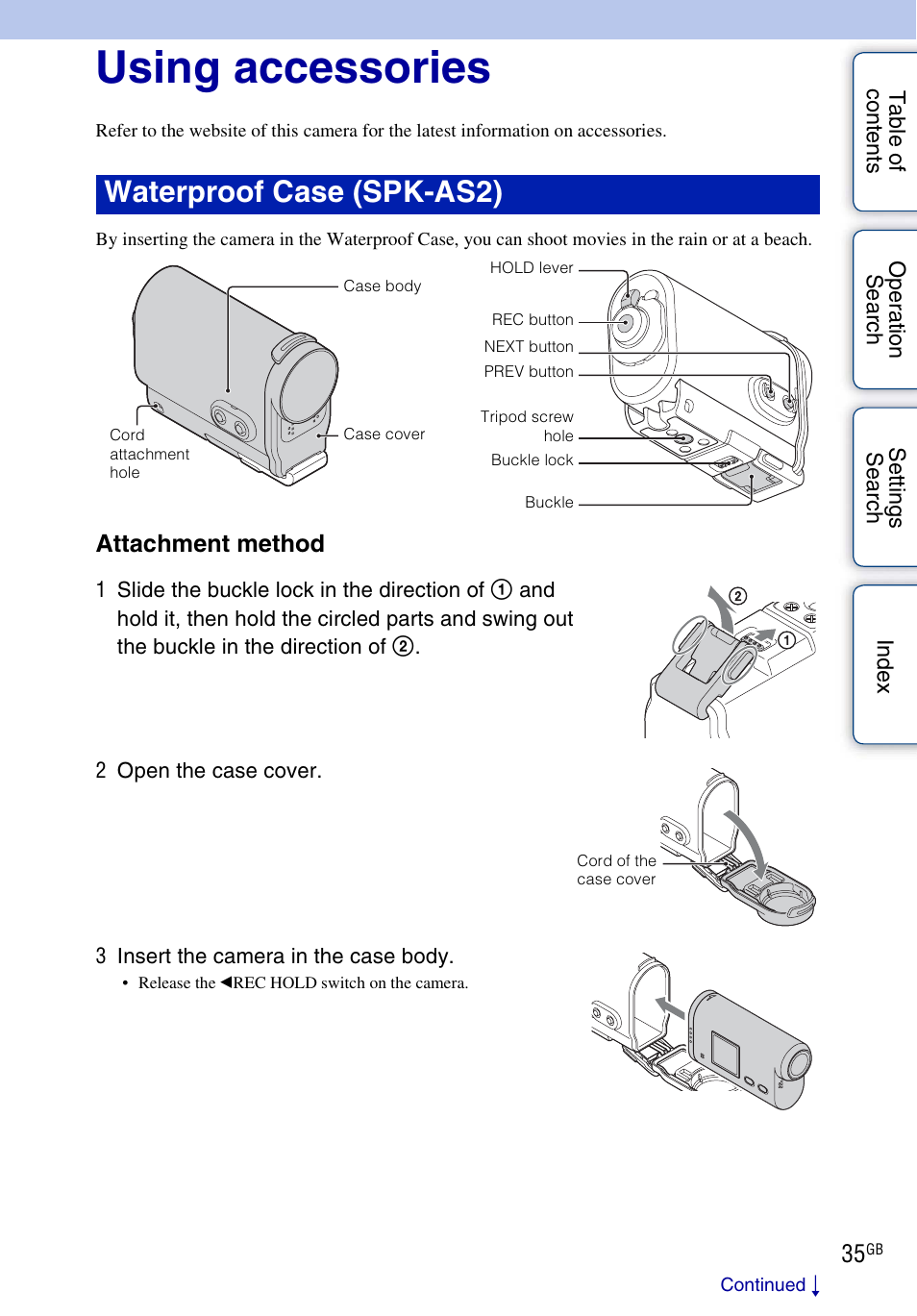 Using accessories, Waterproof case (spk-as2), Attachment method | Sony HDR-AS30V User Manual | Page 35 / 73