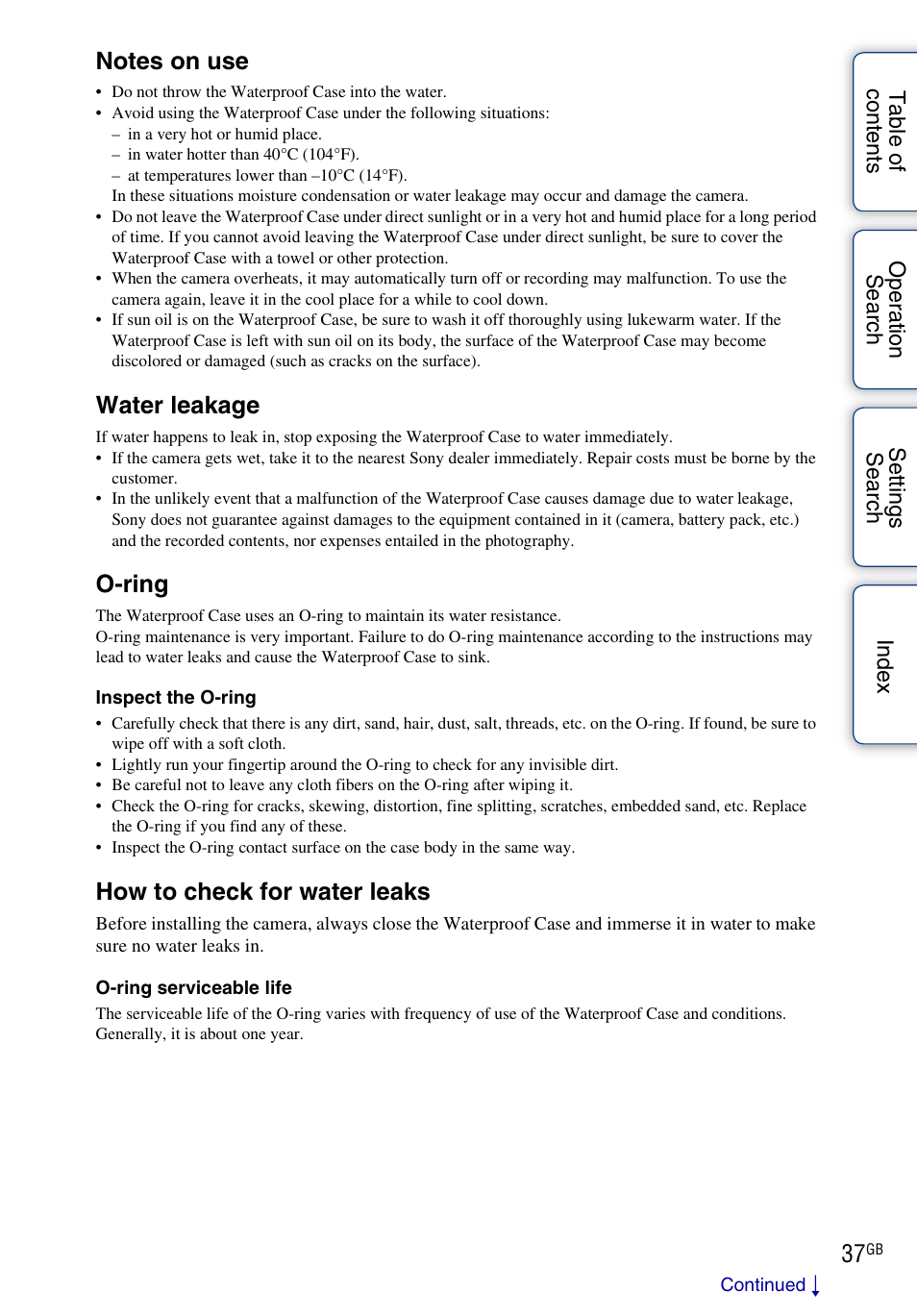Water leakage, O-ring, How to check for water leaks | Sony HDR-AS30V User Manual | Page 37 / 73
