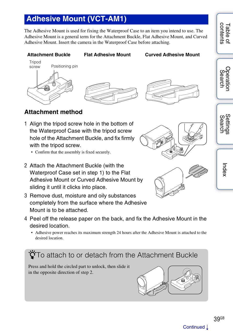 Adhesive mount (vct-am1) | Sony HDR-AS30V User Manual | Page 39 / 73