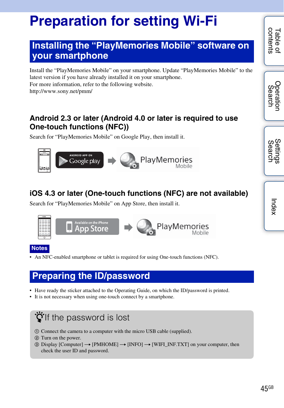 Preparation for setting wi-fi, Preparing the id/password z, If the password is lost | Sony HDR-AS30V User Manual | Page 45 / 73